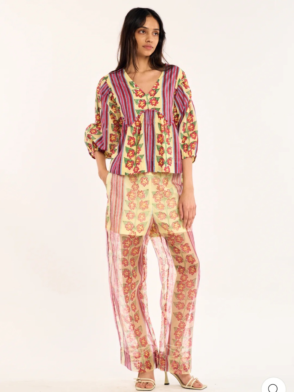 Rujuta Sheth NWT Bombay Pants Sheer Floral Stripe in Buttercream Iris size L - Picture 2 of 9